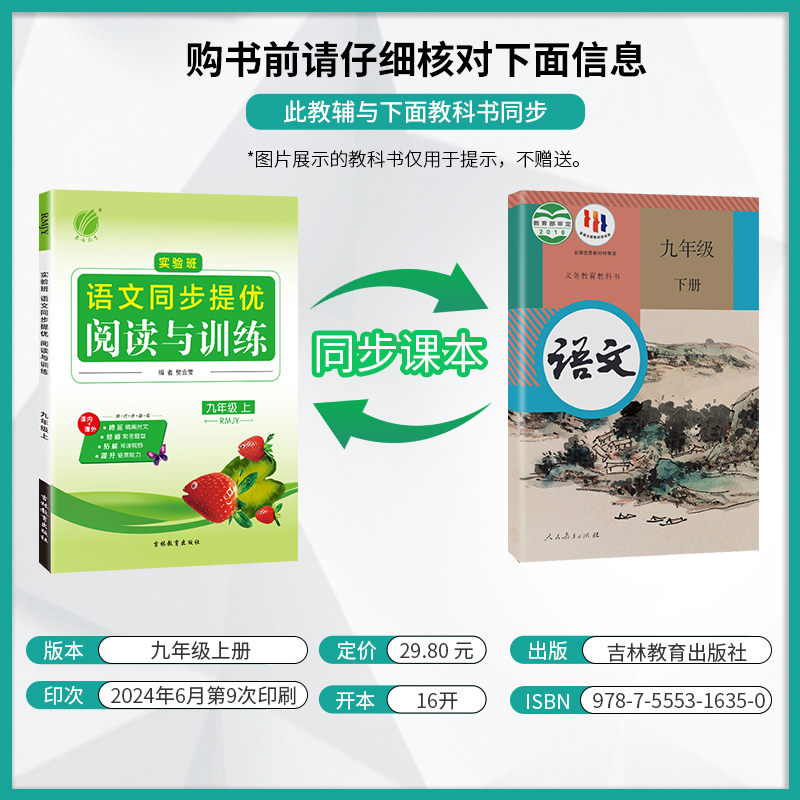语文 九年级上 [正版]2024秋 初中语文实验班同步提优阅读与训练九年级上册人教版 语文9年级上册RJ版同步专项训练每