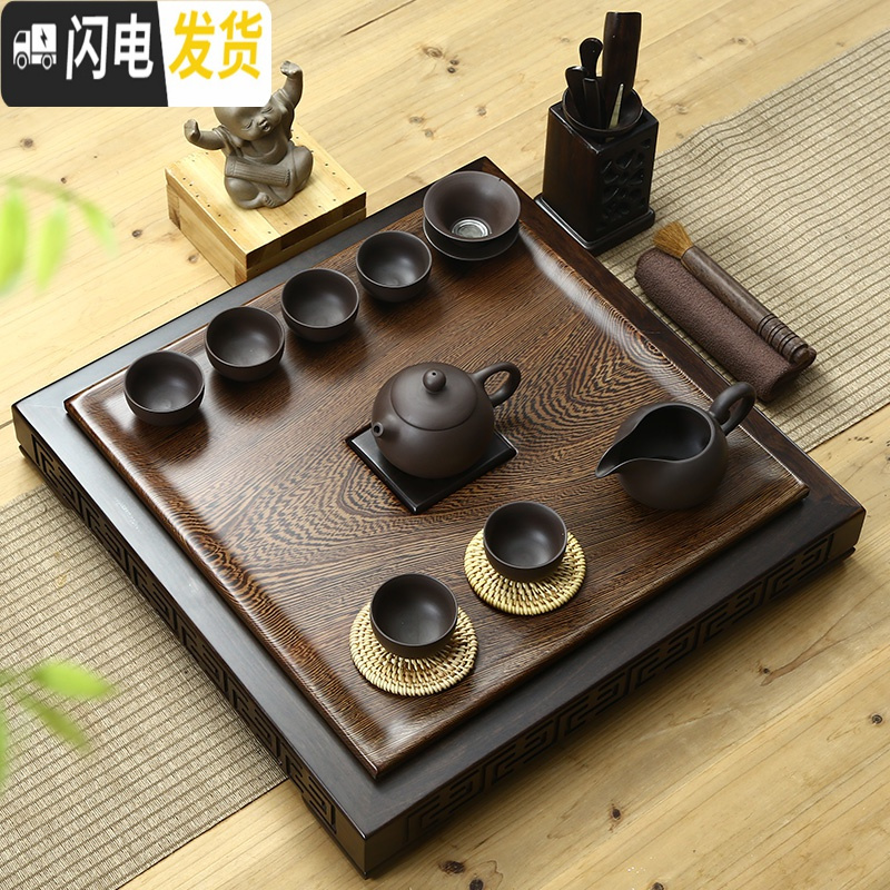 三维工匠鸡翅实木茶盘紫砂壶功夫茶具套装家用整代排水简约茶台 瑞福石木盘+紫砂西施 21件