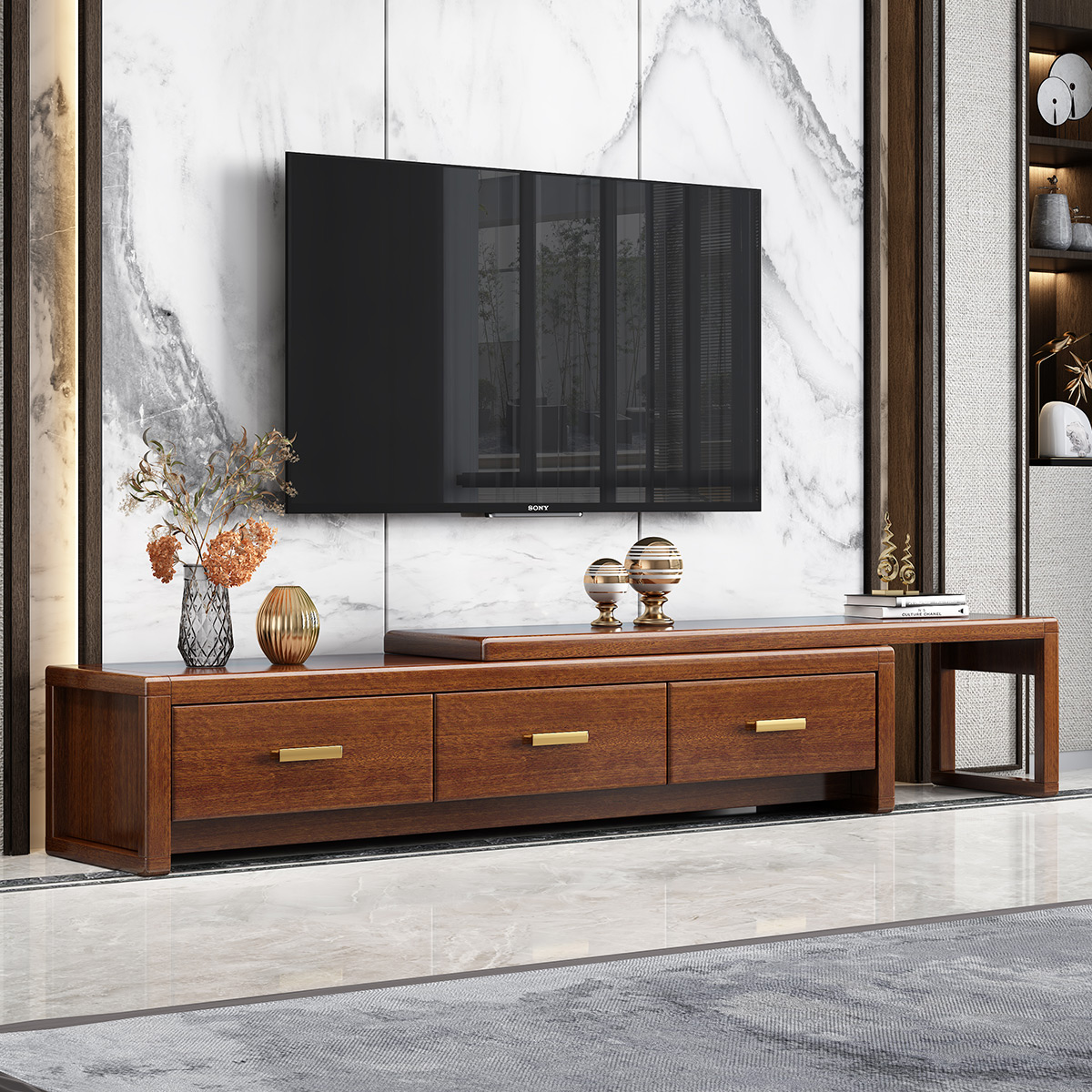 月影梳桐实木电视柜茶几组合家用现代中式小户型客厅可伸缩胡桃木电视