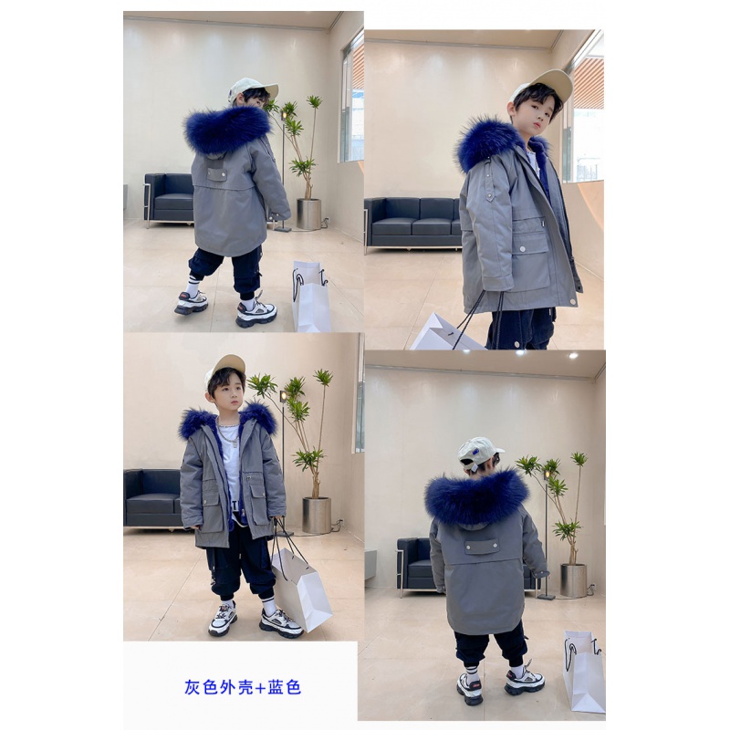 举翼王子男女中小儿童獭兔皮毛一体内胆派克服毛毛皮草外套中长款宝宝 灰色外壳+蓝色 180定做不退不换