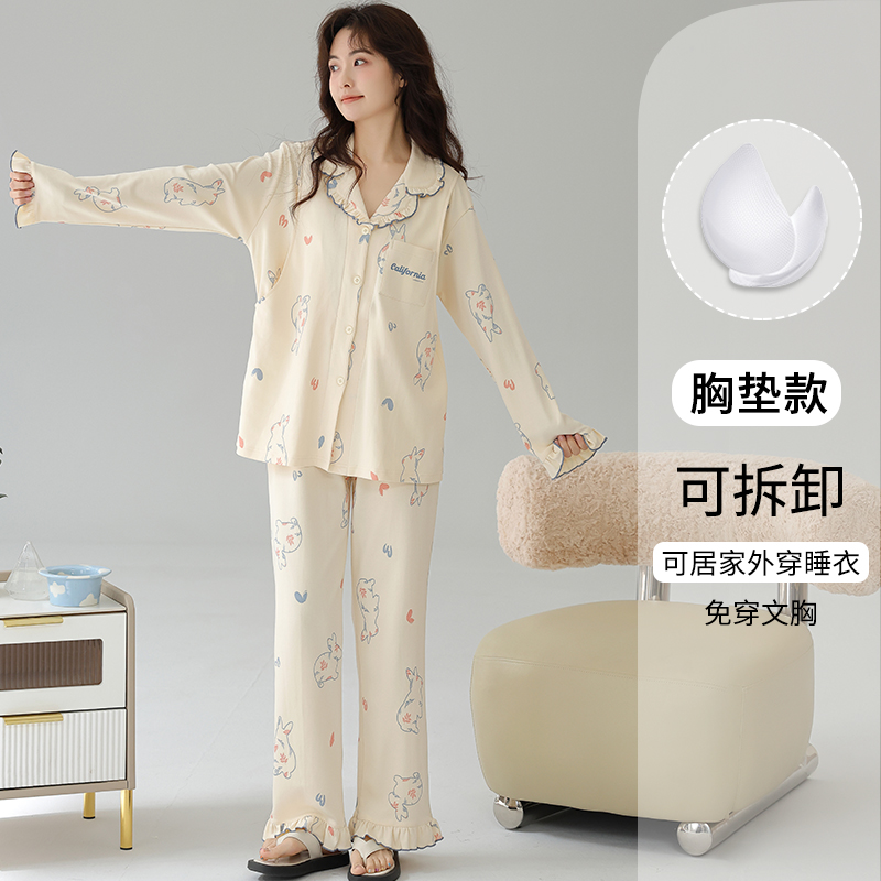 猫人月子服带胸垫春秋款产后哺乳睡衣纯棉孕妇长袖家居服套装高清大图