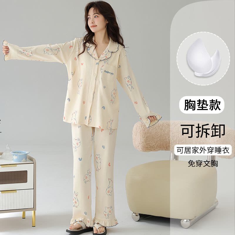 猫人月子服带胸垫春秋款产后哺乳睡衣纯棉孕妇长袖家居服套装图片
