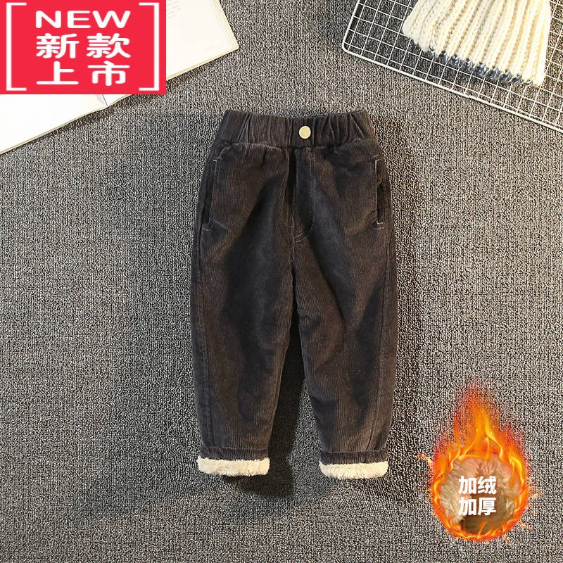 可莉允男童加绒裤子秋冬款儿童加厚夹棉裤条绒宝宝灯芯绒保暖裤小童装潮