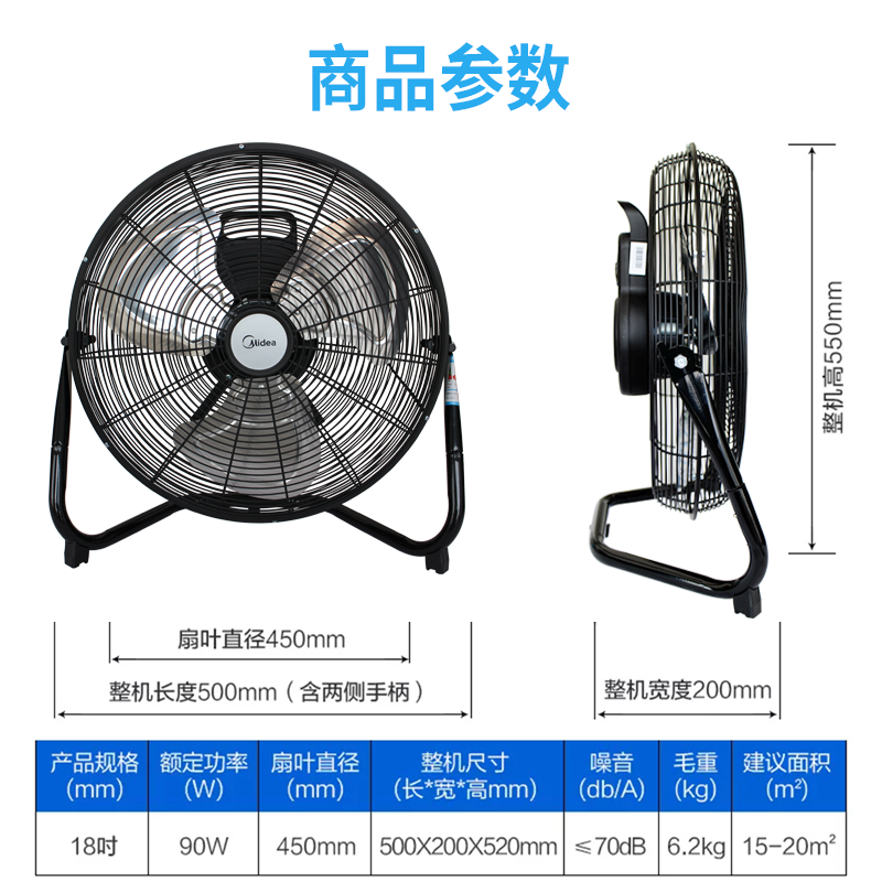 美的 18寸趴地静音工业强力电风扇