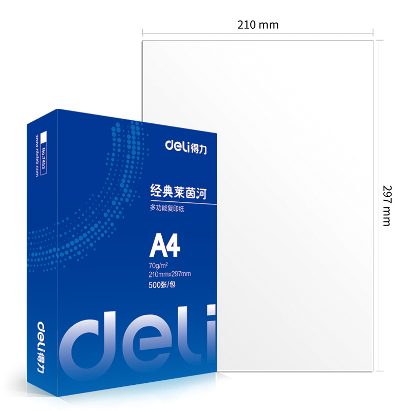 得力(deli)7453莱茵河A4/70g复印纸5包/箱 500张/包共2500张 电脑打印纸 白纸草稿纸 办公用纸