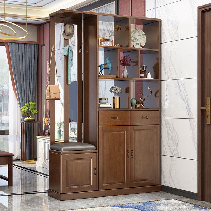 青木川 实木酒柜鞋柜一体靠墙带挂衣架一体换鞋凳客厅餐厅高柜家用进门口入户玄关隔断屏风柜间厅柜双面装饰柜 简约现代图片