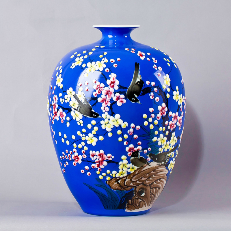 彩帮景德镇手绘陶瓷器花瓶插花中式家居客厅玄关电视柜装饰摆件礼物 宝蓝石榴