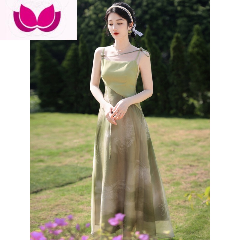 七斓绿色吊带连衣裙法式桔梗套装海边度假沙滩长裙夏子超装法夏边高清大图