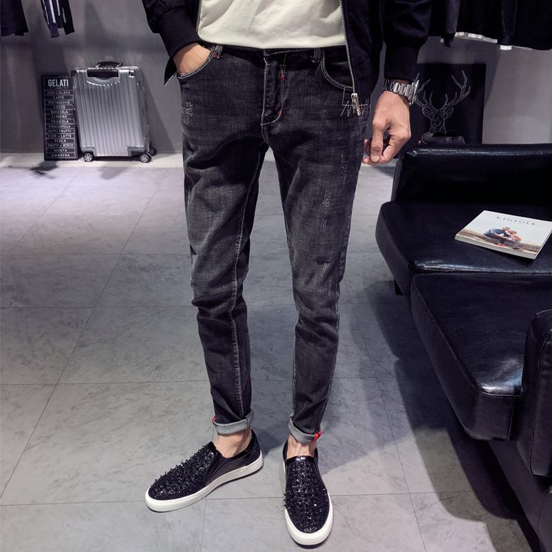 NEW LAKE牛仔裤男秋冬新款潮牌修身男士休闲直筒加绒韩版潮流小脚长裤子男