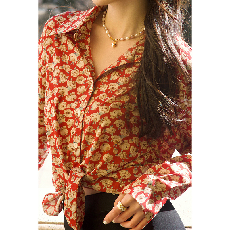 茵曼碎花衬衫女复古印花港风宽松休闲梭织长袖衬衣女[18213185]