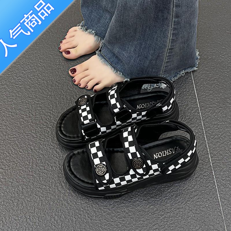 SUNTEK运动凉鞋女夏2023年新款棋盘格软底魔术贴学生网红厚底罗马沙滩鞋高清大图