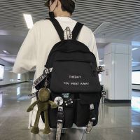 书包男潮流韩版初中高中学生背包校园大容量ins双肩包女2021新款 黑色 不带徽章挂件