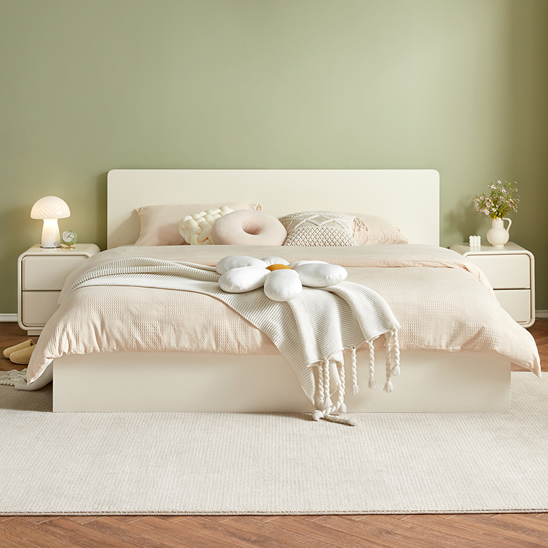 温馨奶油风卧室双人床加高衣柜组合套装高清大图