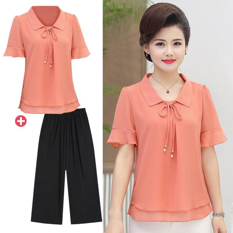 单件套装夏季妈妈装夏装雪纺衫上衣裤子两件套中老年大码女装t恤广赫