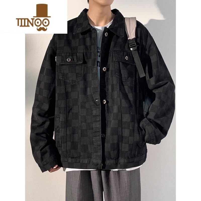 YANXU欧美高街牛仔外套男生秋季款潮牌ins美式工装百搭格子夹克上衣服高清大图