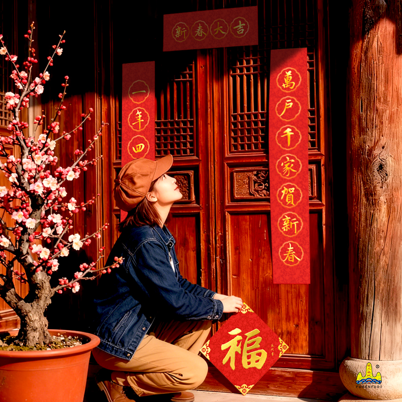 福人福地伴手礼过年家用春联新年装饰丝绸对联福字套装烫金高档创意新款礼品高清大图