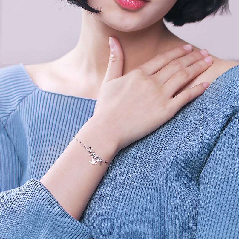 手链s925银镀金镶水钻树枝小鸟韩版可爱时尚礼物手饰女送女朋友七夕情人节礼物