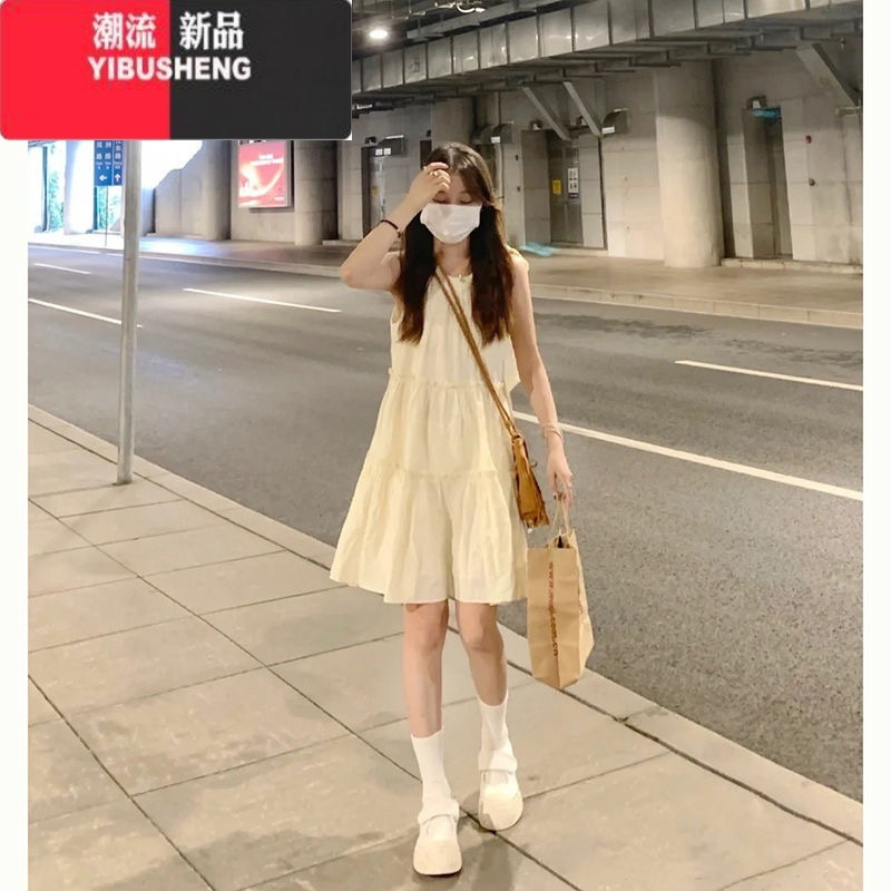 YIBUSHENG法式无袖挂脖气质连衣裙女季2024新款宽松显瘦小个子木耳边短裙