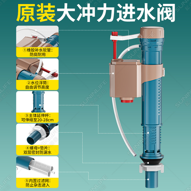 吸塑洁具马桶水箱配件进水阀坐便器排水阀马桶下水连体高压套装-马桶进水阀【蓝褐】+马桶排水阀【蓝褐连体】28cm