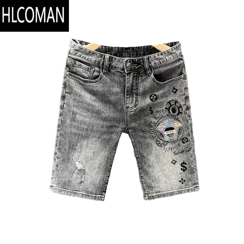 HLCOMAN2024夏季新款男士水洗潮牌烫钻弹力休闲牛仔短裤外穿百搭五分中裤