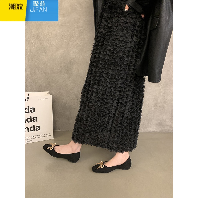 聚范晚风韩版配裙子水钻单鞋女鞋法式夏季新款瓢鞋平底鞋通勤黑色鞋子 37 黑色2从左往右内增高