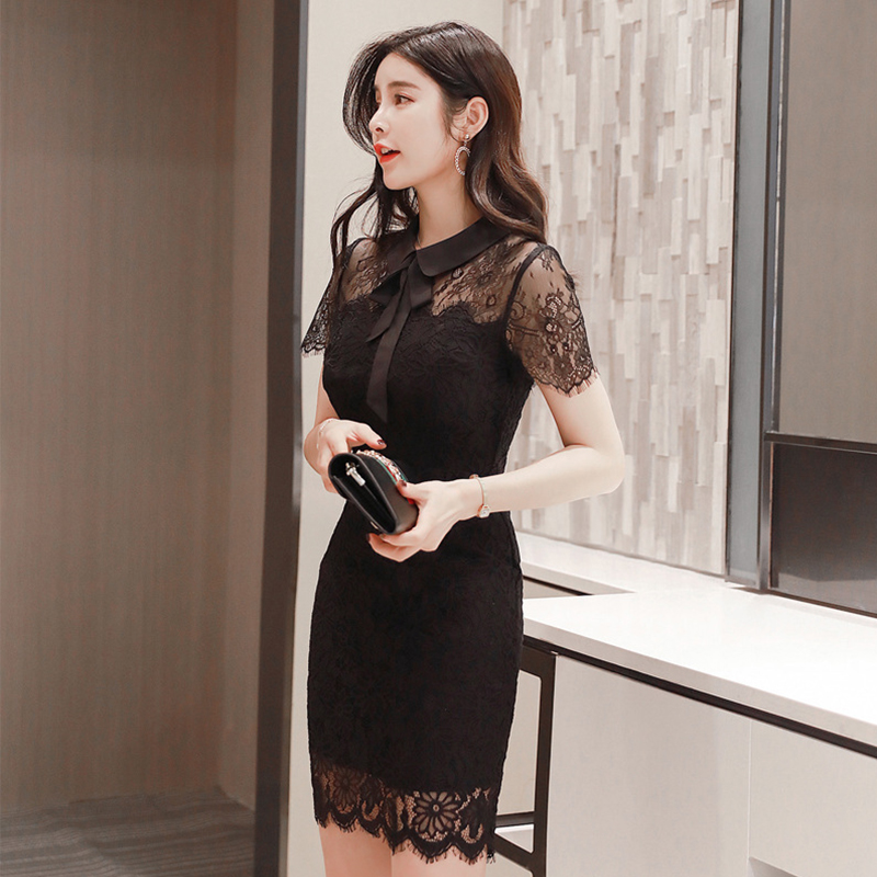 艳如飞黑色蕾丝连衣裙女夏季小个子性感镂空感修身显瘦短款夏天包臀
