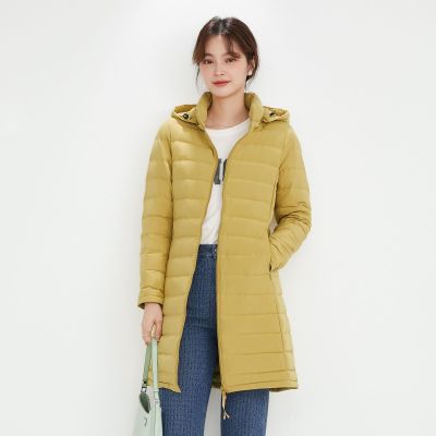 新款女式90绒纯色女装连帽带帽无缝羽绒服中长款大码外套_751031 黄色 XXL