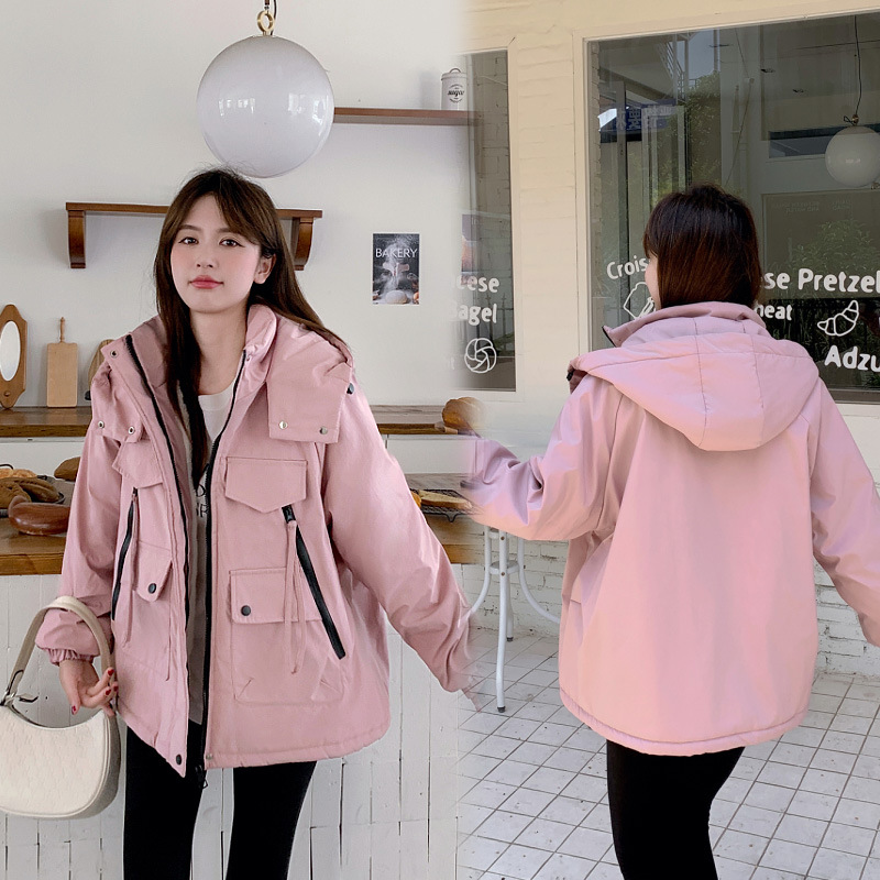 2024新款冲锋衣连帽棉服加厚保暖外套女工装棉衣宽松百搭时尚棉袄 粉色 M