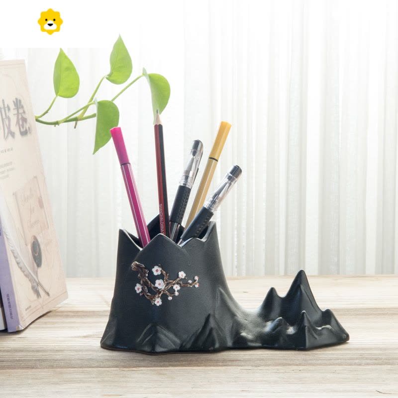 喻娄陶瓷笔筒时尚可爱学生is网红简约办公室桌面个性摆件复古中国风 静-荷花-黑色图片