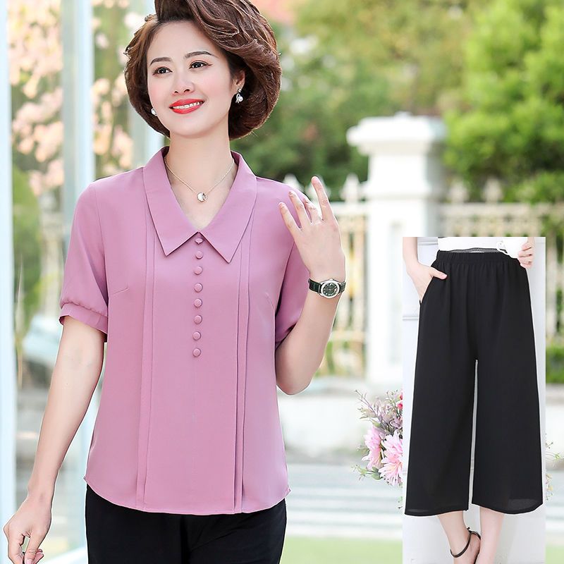 妈妈装夏装短袖t恤套装中老年女装夏季新款女上衣雪纺衫大码宽松威珺