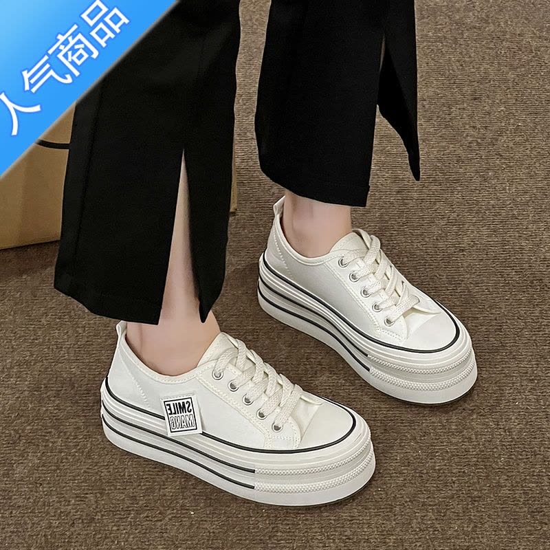 SUNTEK厚底帆布鞋女2023新款夏季松糕鞋百搭增高女鞋运动休闲板鞋小白鞋图片