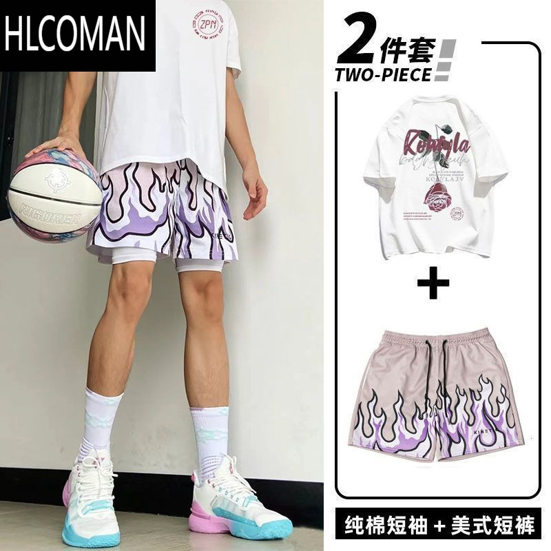 HLCOMAN青少年套装不过膝四分裤男潮牌美式运动篮球裤套休闲短袖