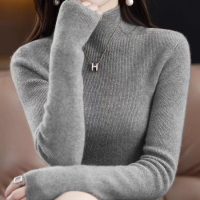 鄂尔多斯羊绒衫女半高领毛衣女宽松外穿短款春秋2024年春装新款百搭加厚针织打底衫秋冬针织上衣服恒源祥羊毛衫毛衣打底衫 中灰色 XL