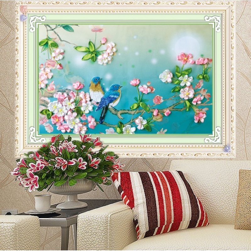 丝带绣新款倾心蜜语3D彩印花立体非十字秀鸟语花香客厅挂画 送节绣绷+剪刀+备用针