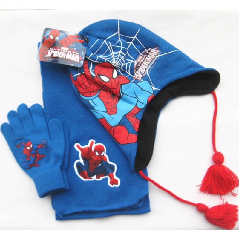 迪鲁奥(DILUAO)圣诞节新年儿童蜘蛛侠帽子手套围巾三件套男孩宝秋冬保暖 蓝色护耳套装蜘蛛侠 4-8岁
