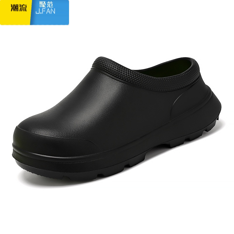 聚范厨师鞋男春季防滑防水防油厨房男鞋黑色厚底男士懒人一脚蹬工作鞋高清大图