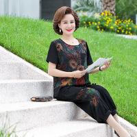 中老年女套装奶奶夏装短袖T恤胖妈妈两件套夏季太太加肥大码衣服_1 5XL(建议155斤-165斤） 大花套装