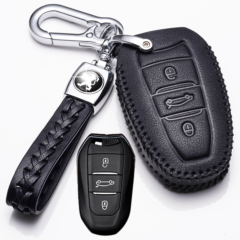 【补贴10%】2019款东风标致508真皮钥匙套4008/5008/3008专用408锁匙扣18款车汽车钥匙包 标致A款黑色智能三键+绳扣