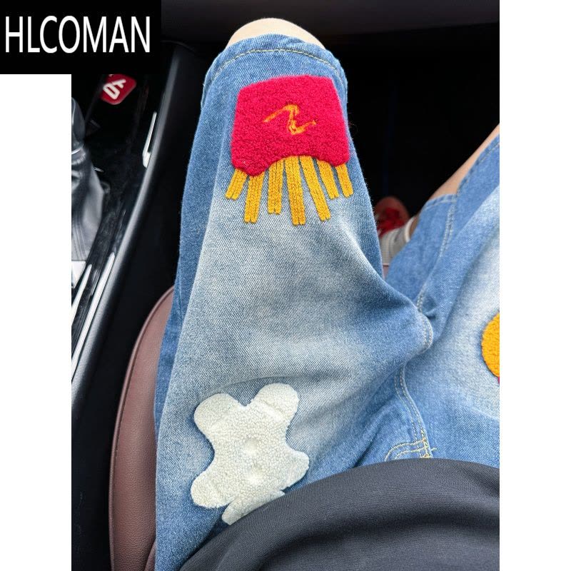 HLCOMAN复古汉堡薯条毛巾绣牛仔短裤男女宽松夏季2025新款直筒阔腿五分裤图片
