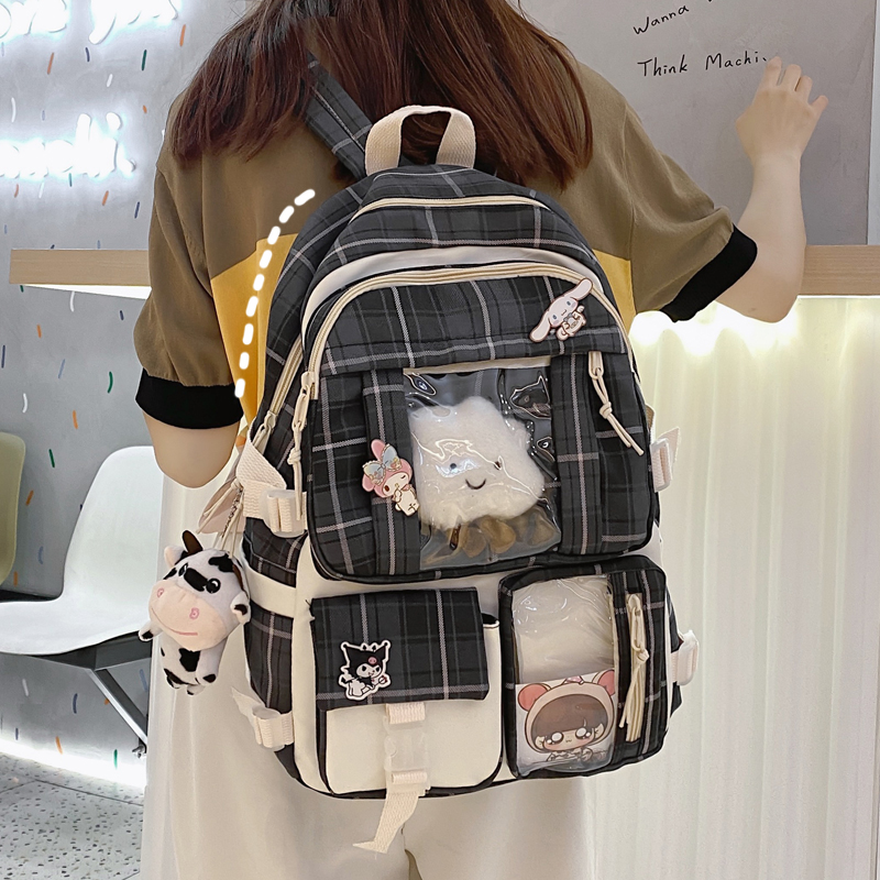 福源双肩包女小学生初中生书包女生韩版小清新拼色帆布背包高中学生大