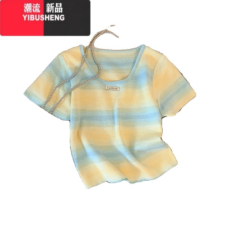 YIBUSHENG多巴胺穿搭条纹t恤女季设计感小众针织短袖甜辣风短款上衣薄甜高清大图