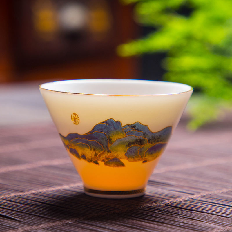 茶杯品茗杯功夫茶具喝茶杯子羊脂玉德化白瓷茶杯单杯主人杯小茶杯 千里江山斗笠杯