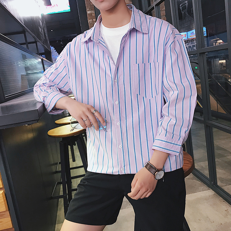 2018春夏年轻男装日系休闲条纹七分袖衬衫 小清新撞色宽松衬衣男