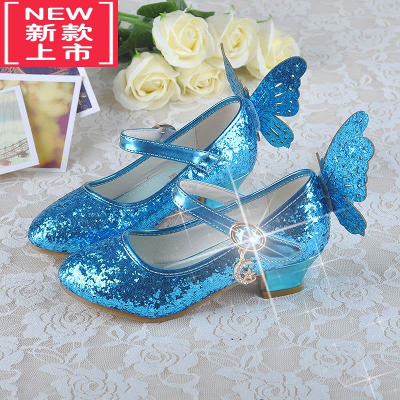 可莉允新款艾莎女童皮鞋亮片高跟公主鞋 6儿童带翅膀水晶鞋小朋友表演鞋运动休闲鞋图片