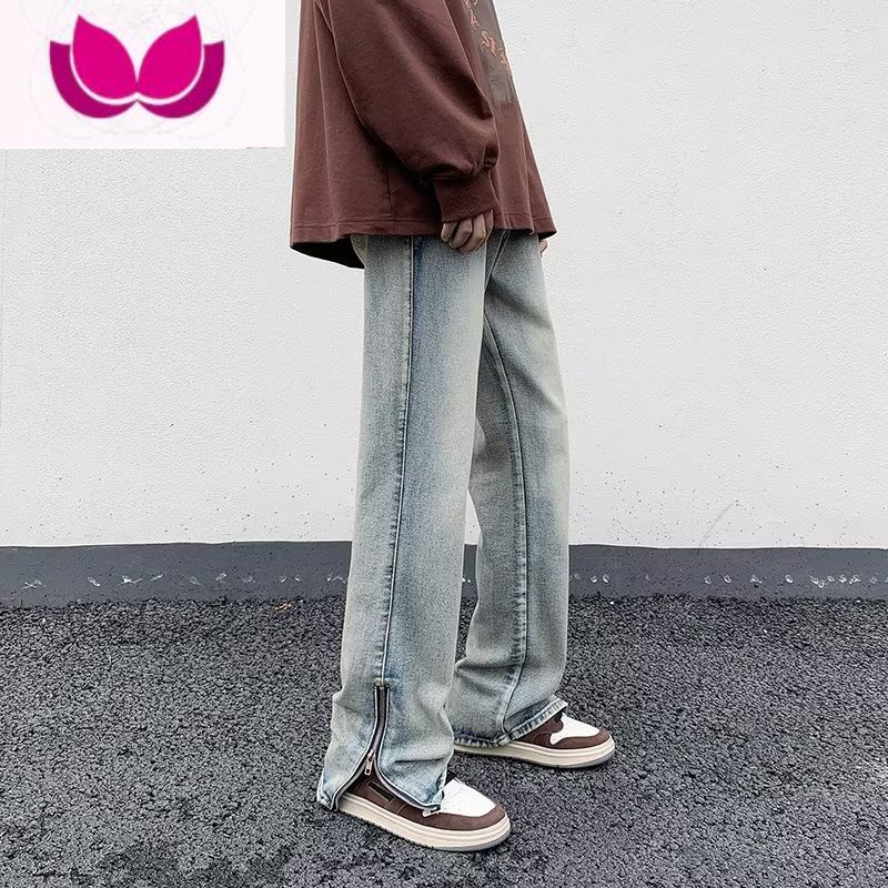 七斓美式黄泥水洗牛仔裤男高街复古侧边拉链长裤潮流百搭休闲裤子