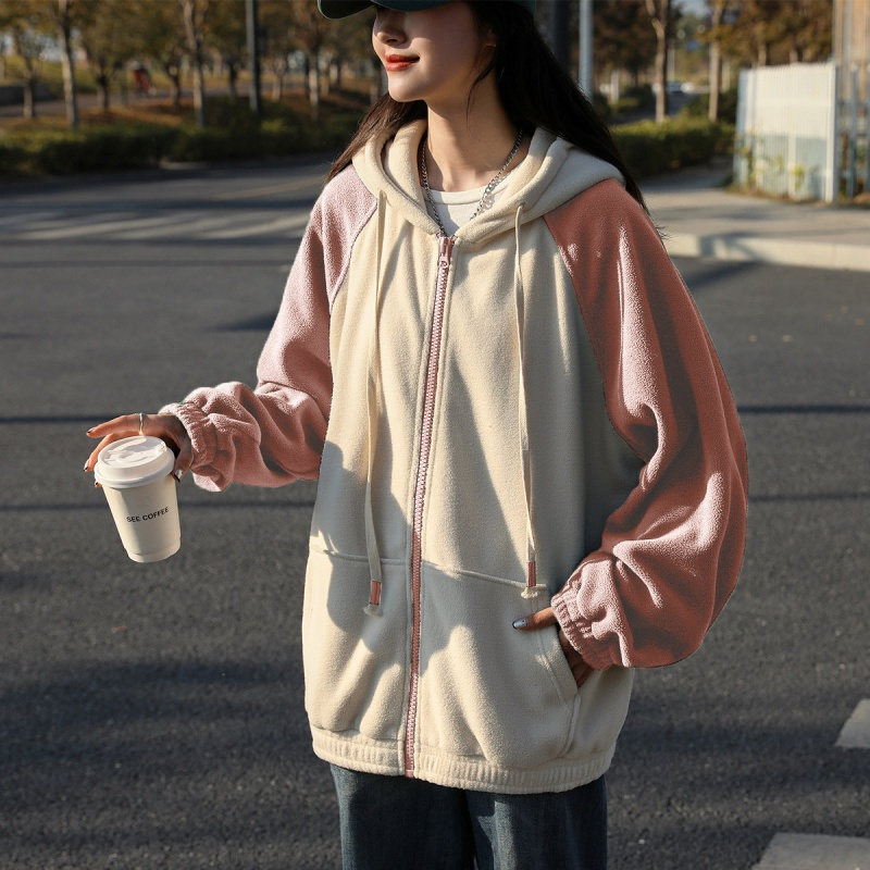 唐狮 秋冬季外套女新款韩版摇粒绒连帽袖子拼接开衫百搭潮