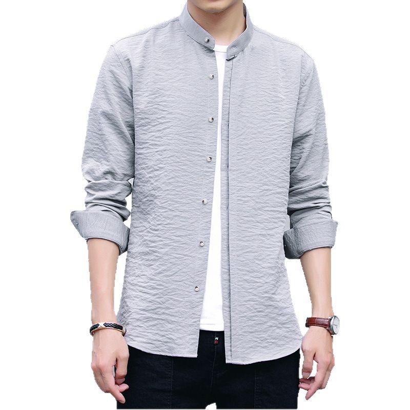 啄木鸟小立领抗皱易打理衬衫男士四季中山装青年圆领中式占领衬衣高清大图