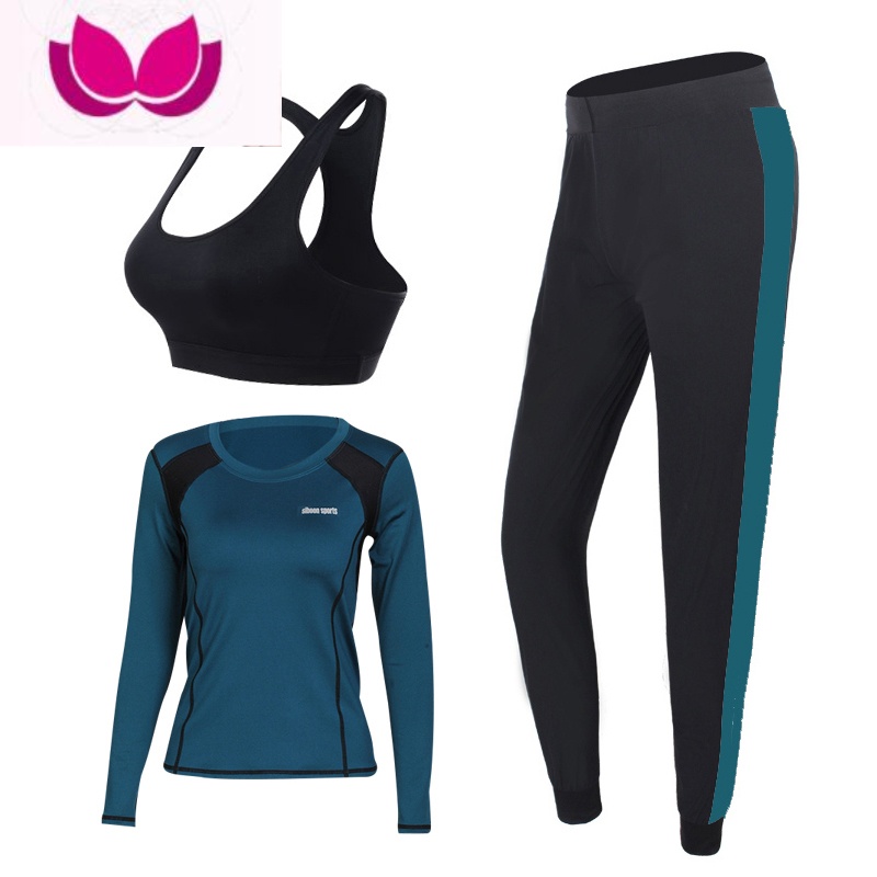 七斓瑜伽服套装新款跑步女专业长袖健身房大码显瘦速干普拉提运动 墨绿色哈伦裤三件套 L