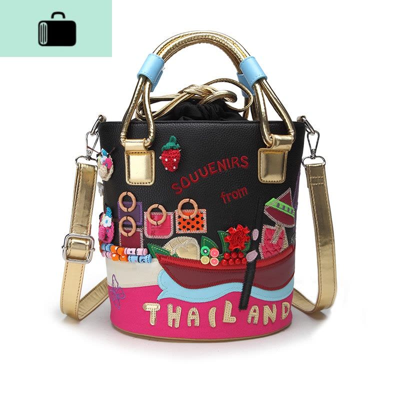 2020新款韩版女包手工刺绣撞色抽带潮流单肩包手提包斜挎包水桶包NEW LAKE女斜挎包图片