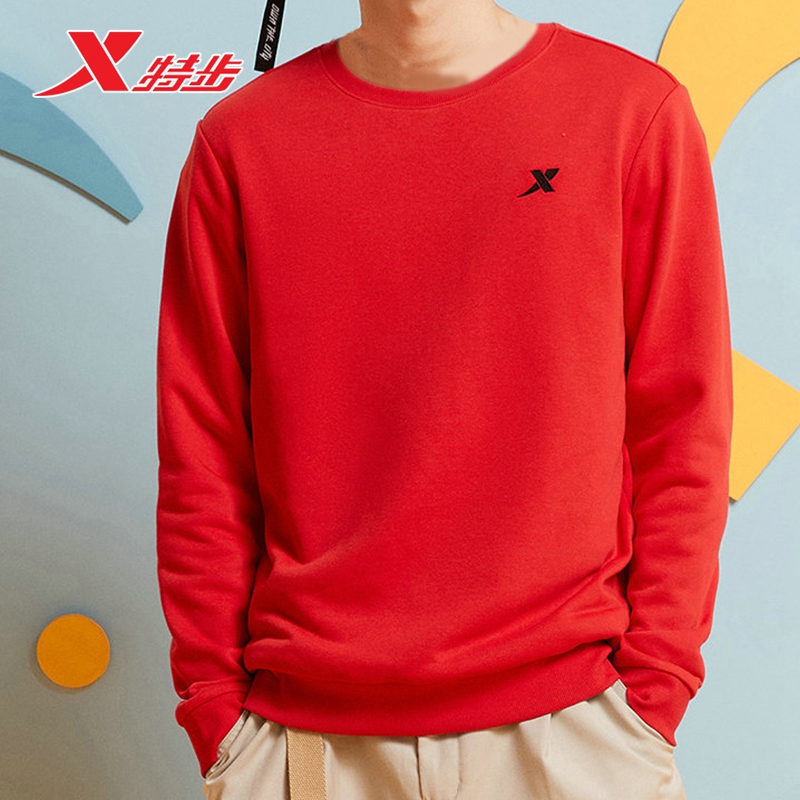 特步卫衣男圆领运动上衣2022春加绒男装运动服旗舰长袖男套头衫